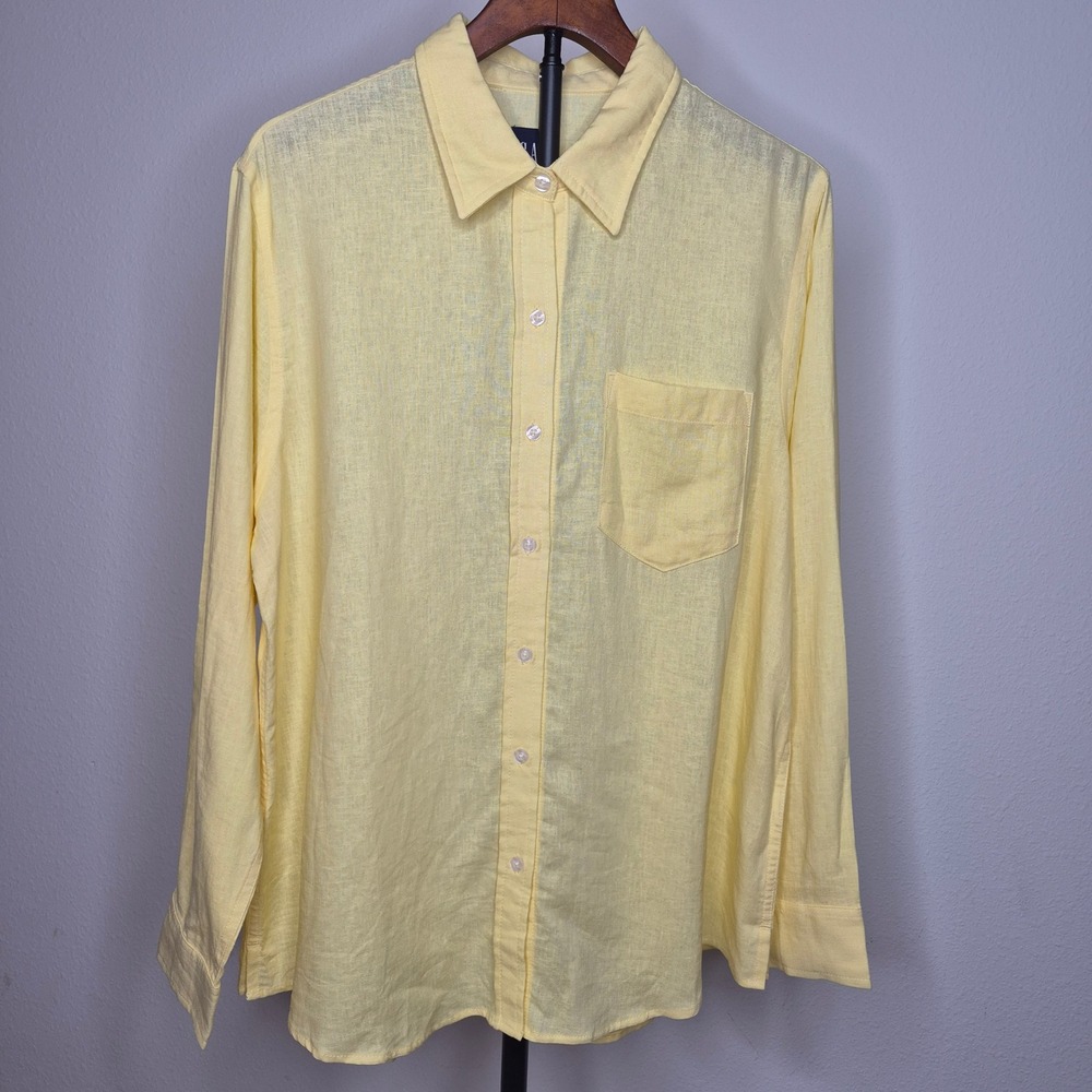 GAP Women Pale Yellow Linen Rayon Blend Long Sleeve Button Down Shirt L Classic